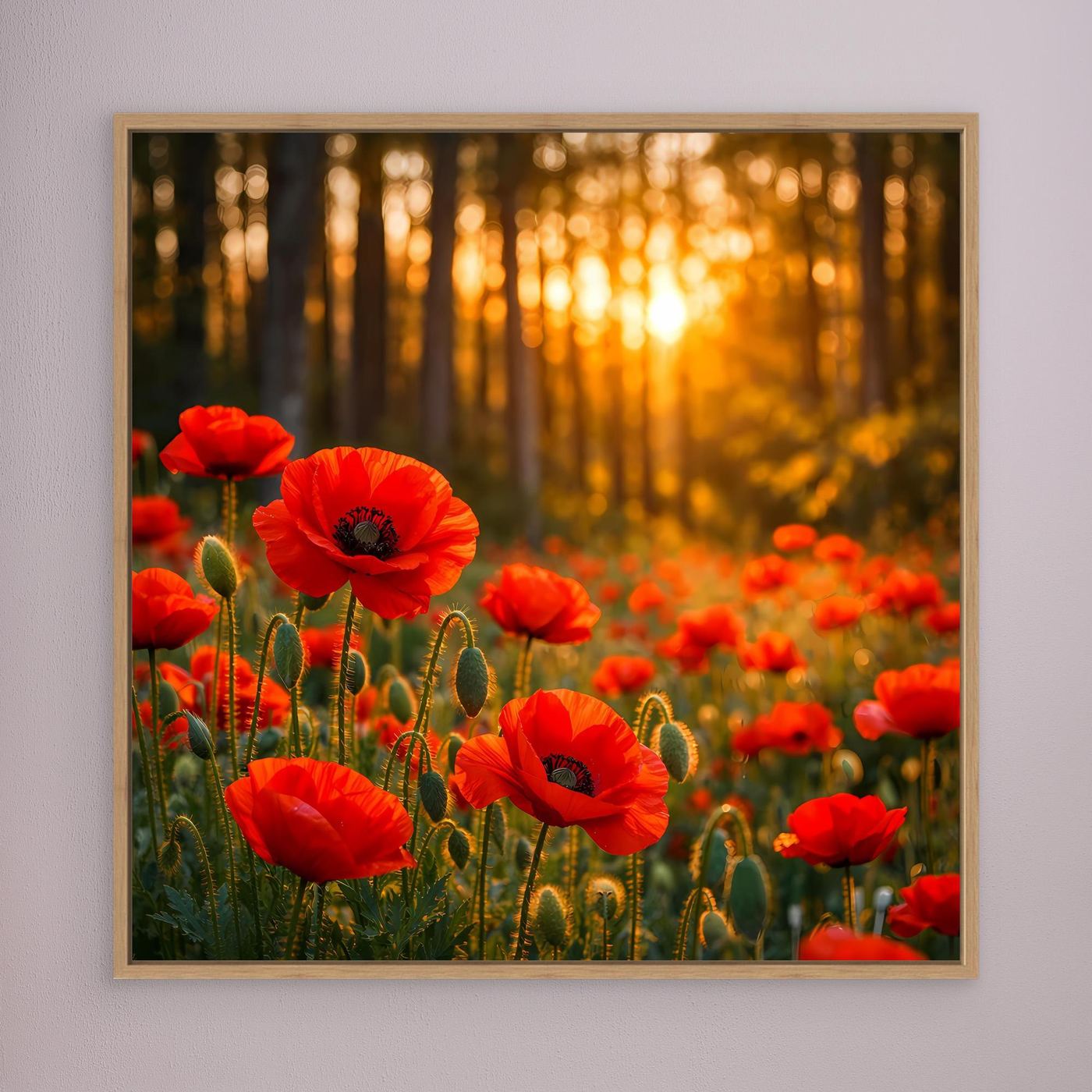 Leinwandbild mit roten Mohnblumen im goldenen Wald, Holzrahmen