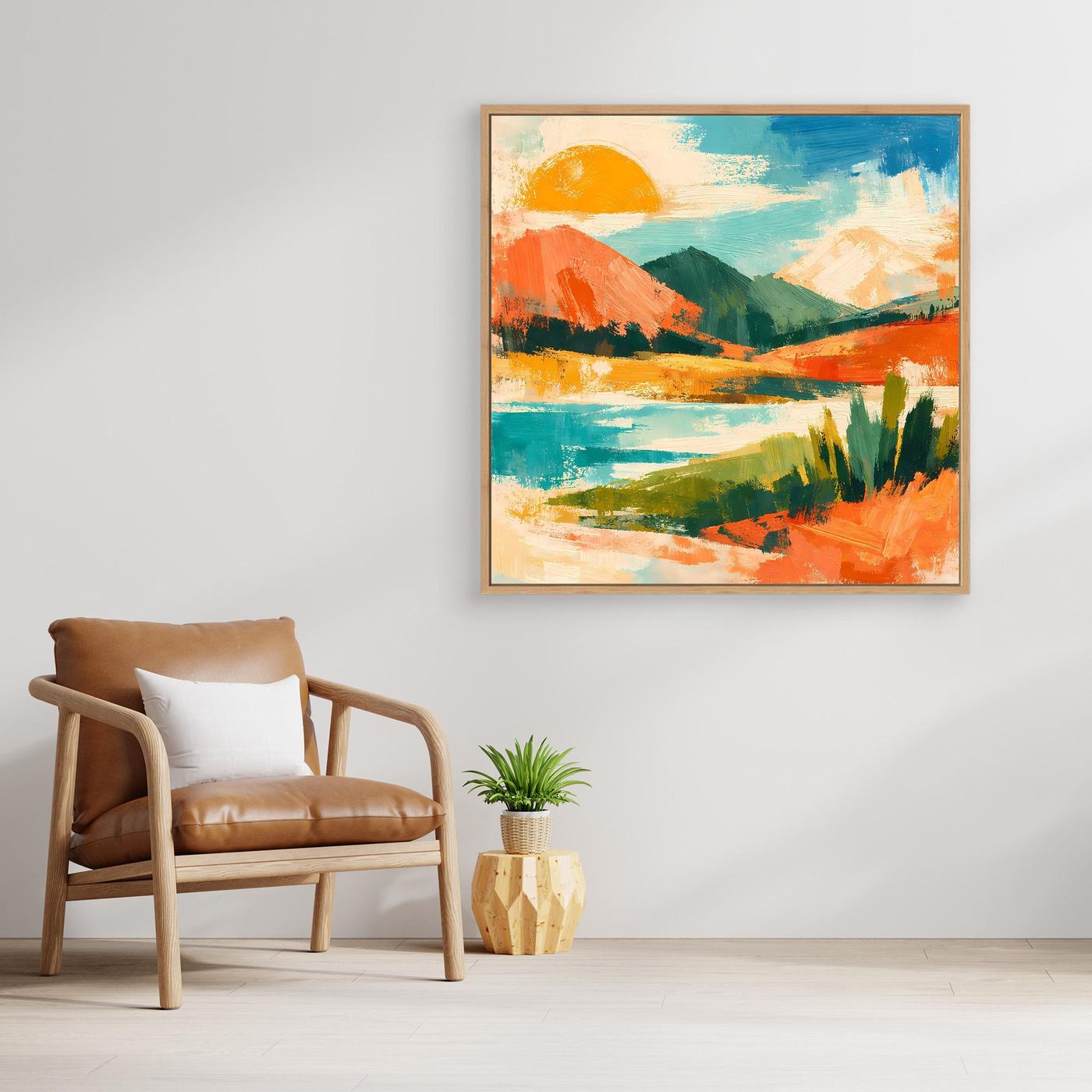 Abstraktes Leinwand-Wandbild mit Sonne über See, Hügeln und bunten Pinselstrichen, mit Holzrahmen