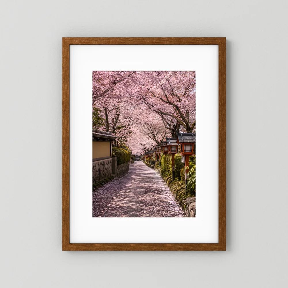 Wandposter im Hochformat mit dunklem braunem Holzrahmen, rosa Kirschblütenallee