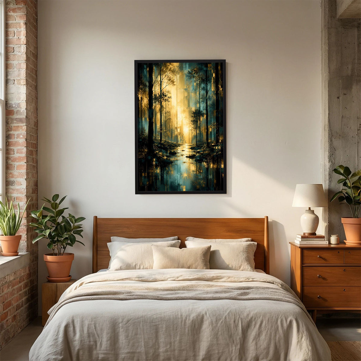 Poster Hochformat: Waldallee mit goldenen Lichtstrahlen, türkisfarbene Töne, schwarzer Rahmen