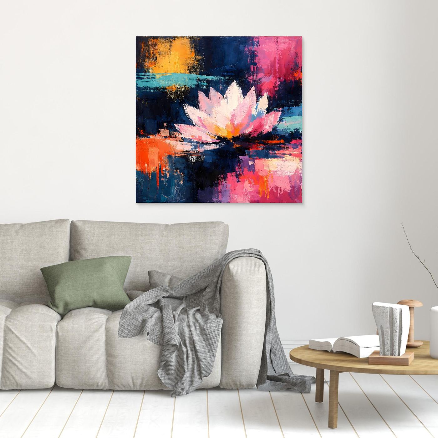 Kleines abstraktes Lotus-Leinwandbild mit Blüte in Orange, Blau und Pink, ohne Rahmen