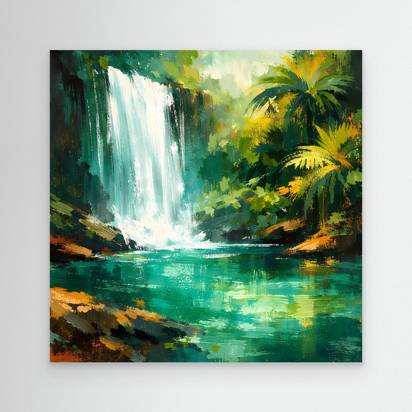 Leinwand Abstraktes Dschungel Wandbild mit Wasserfall | Modernes Natur Kunstwerk Grün
