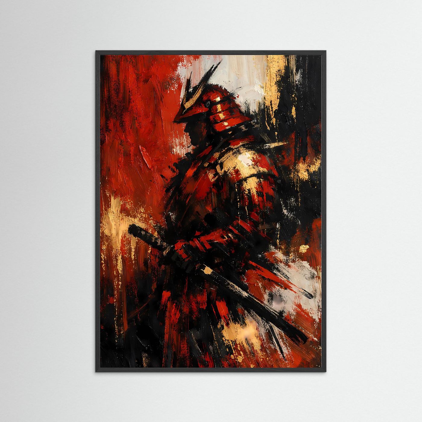 Samurai-Kunstposter mit schwarzem Rahmen, tiefrot, gold und schwarze Akzente