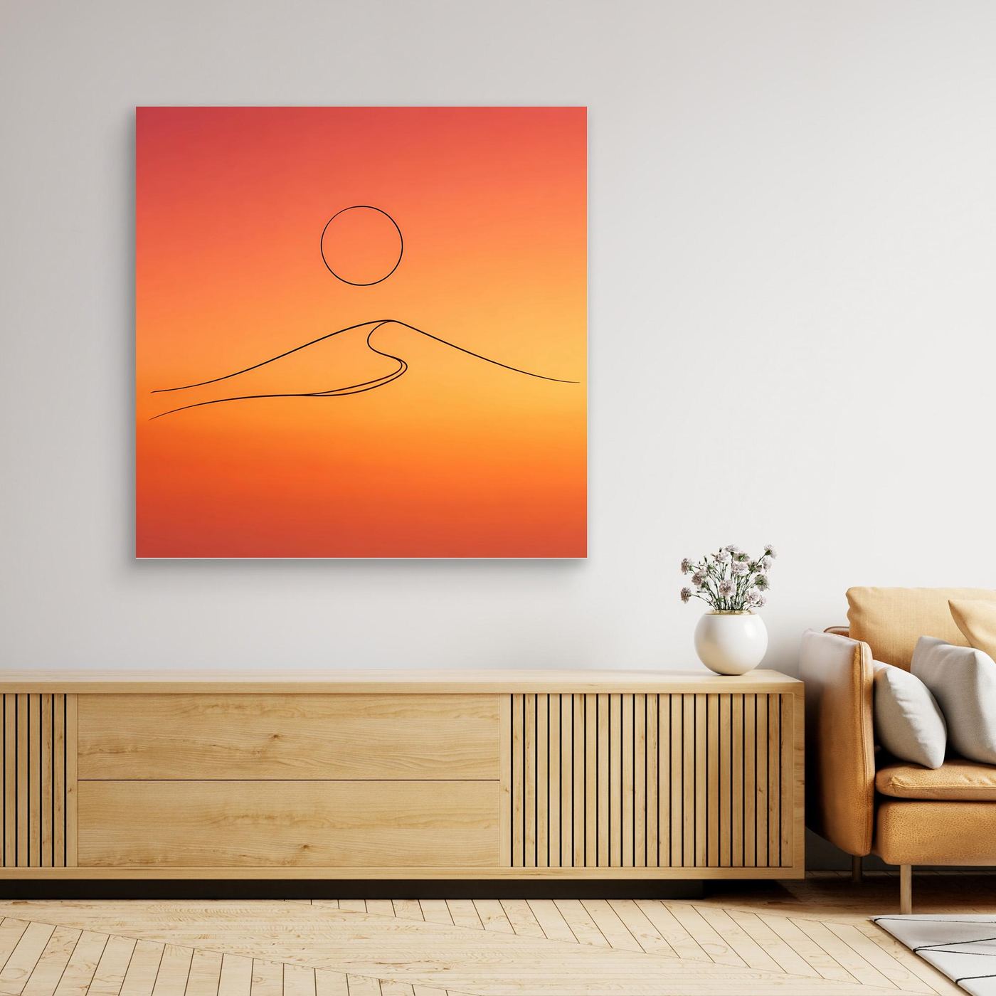 Leinwandbild mit minimalistischer Wüstendüne, Kreis und Linie im Orangeverlauf, ohne Rahmen