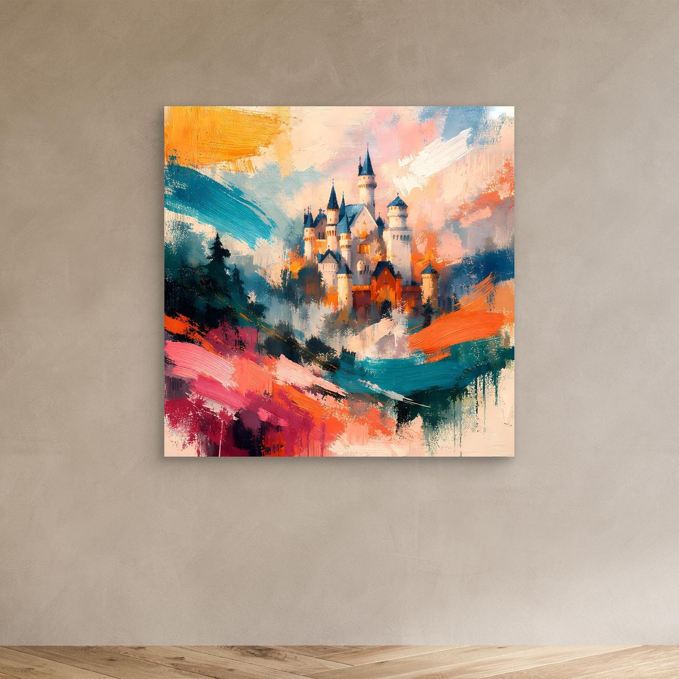 Premium Leinwand Märchenhaftes Schloss in abstrakten Farben | Modernes Castle Wandbild