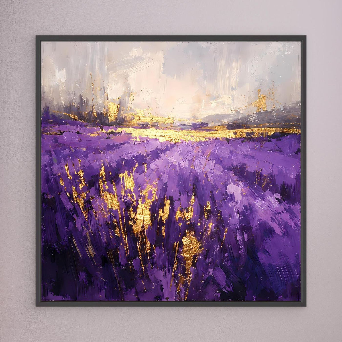 Leinwandbild Lavendelfeld abstrakt in Violett, goldene Akzente, schwarzer Rahmen, quer