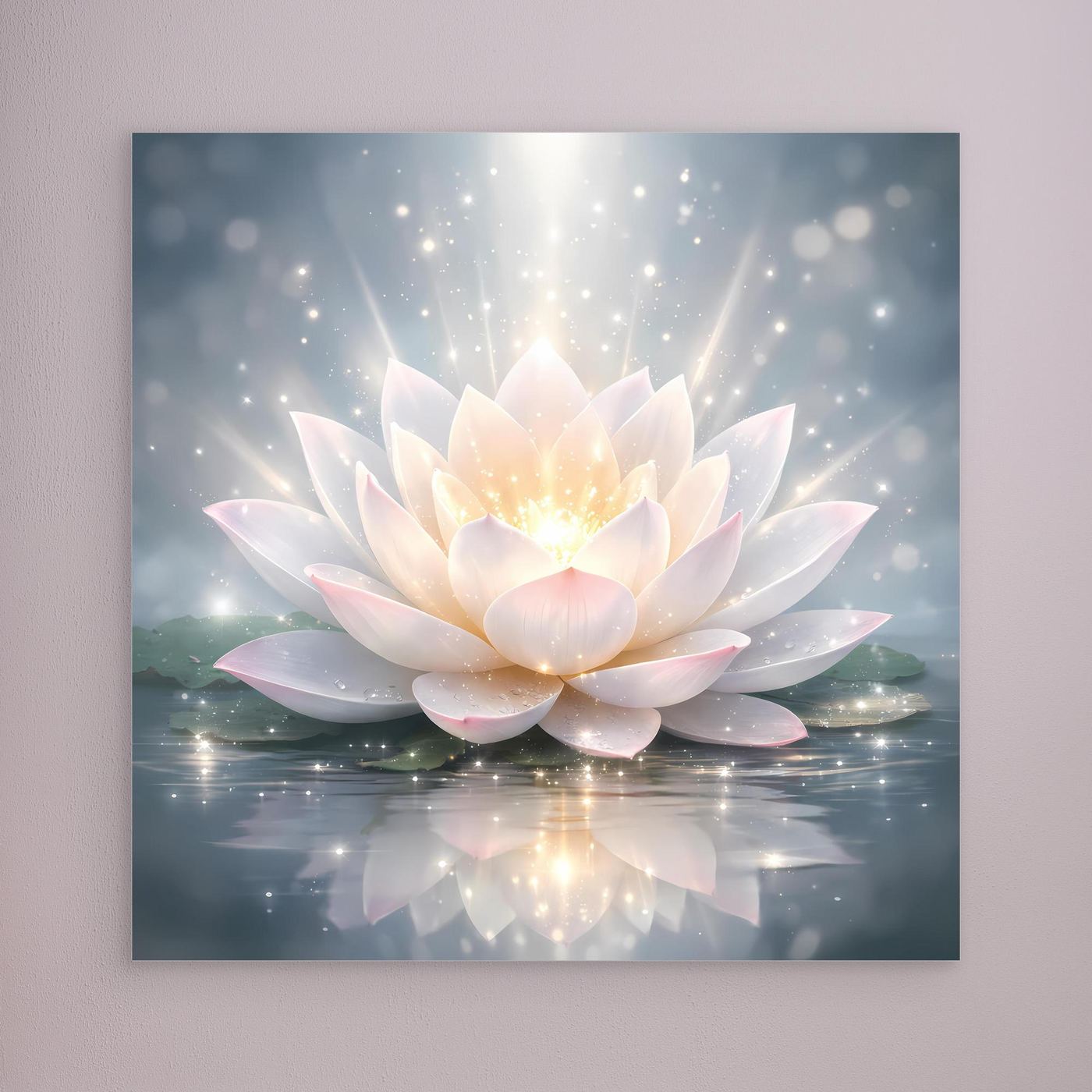 Leinwandbild mit leuchtender Lotusblüte in Pastelltönen, ohne erkennbaren Rahmen.