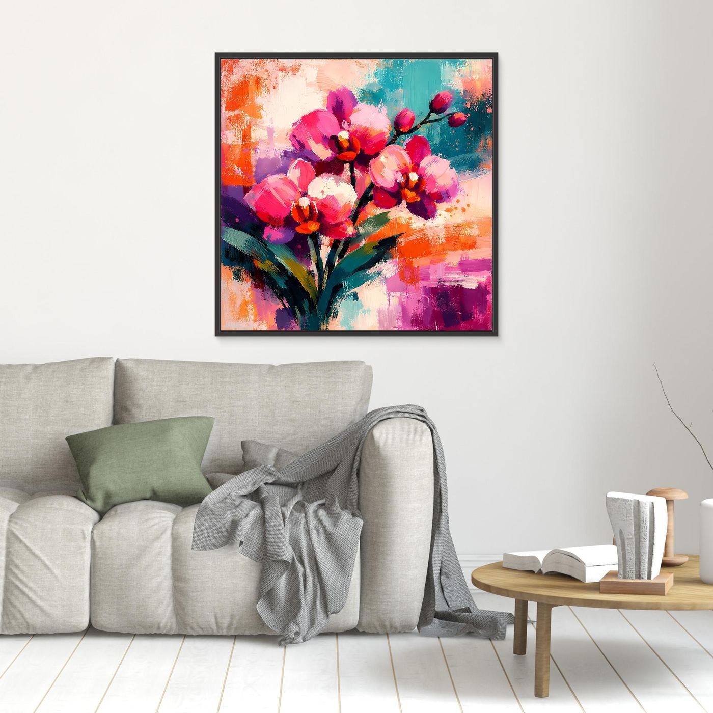Kleines Leinwand-Wandbild mit abstrakten Orchideen in Pink, Lila und Türkis, schwarz gerahmt