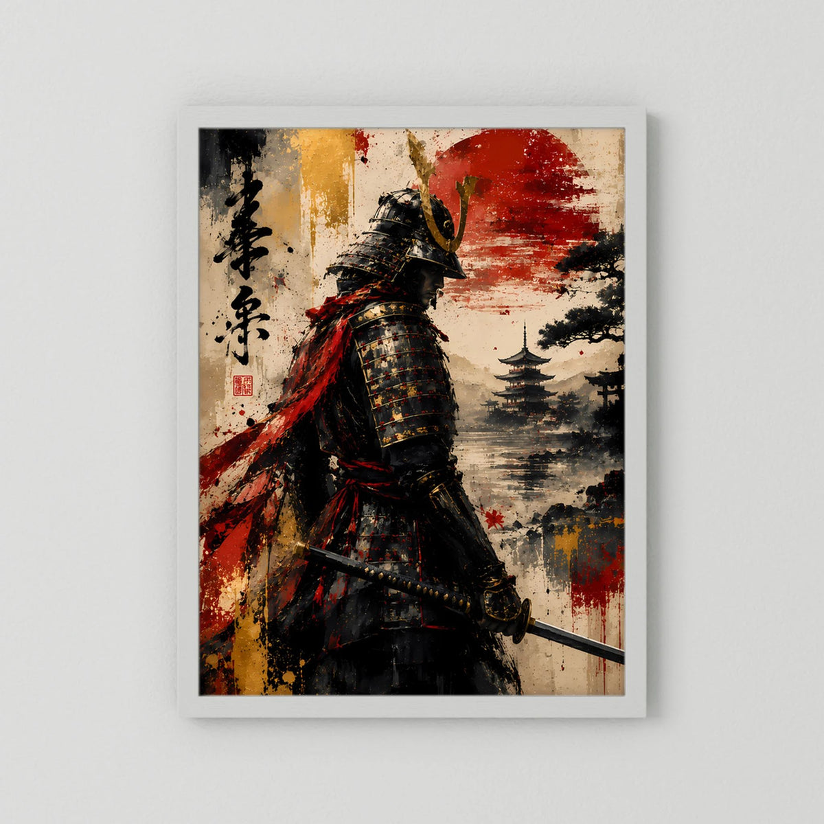 Gerahmtes Samurai-Poster mit hellem Rahmen: dunkle Rüstung, roter Umhang, Katana, Pagoden