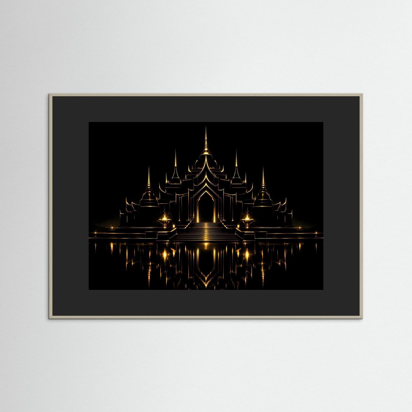 Wandbild mit goldenem Tempel bei Nacht, dunkelgrauer Rahmen und schwarzer Passepartout.