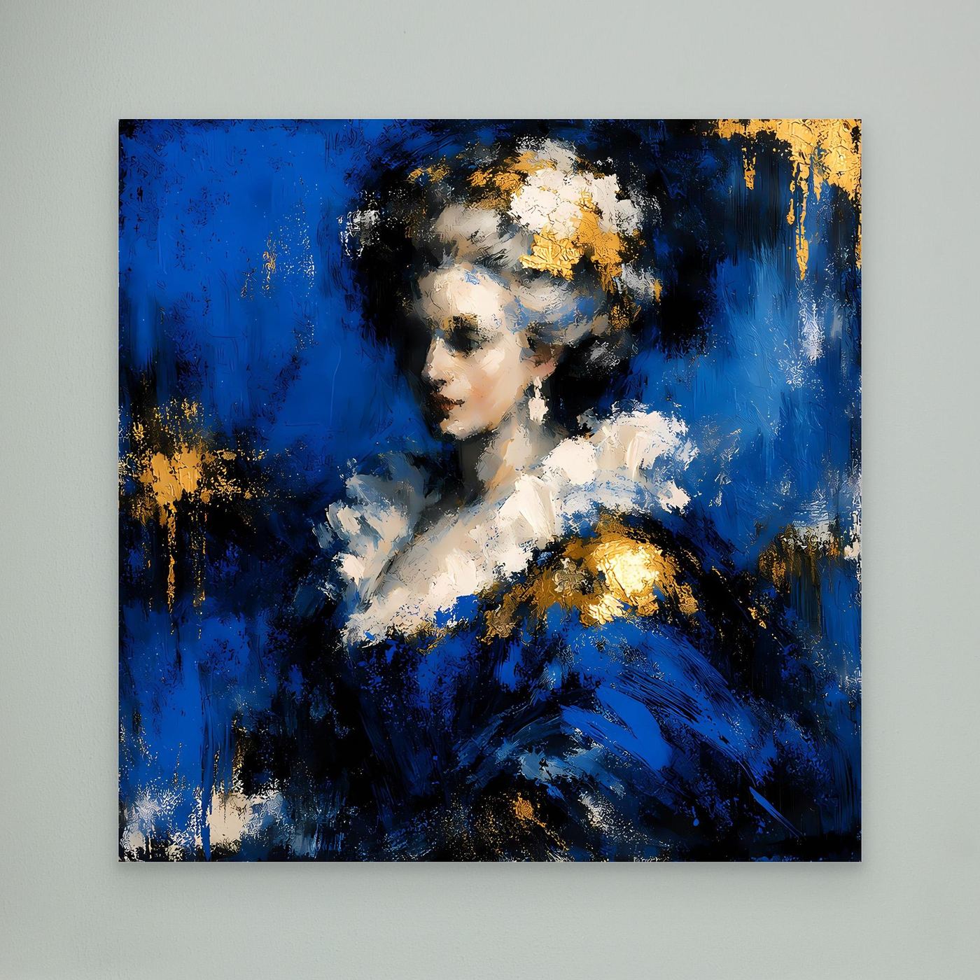 Leinwand Elegante Barock-Dame in Blau und Gold | Abstraktes Porträt Wandbild