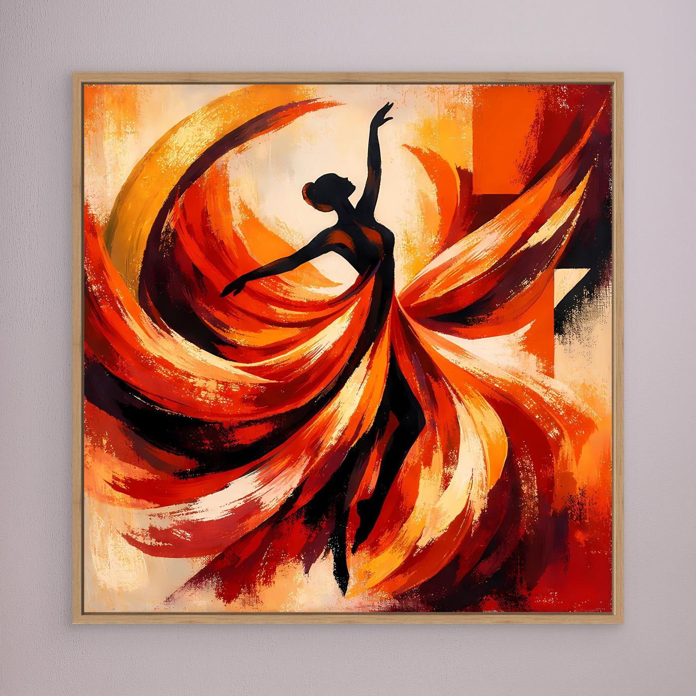 Leinwandbild mit Holzrahmen: abstrakte Ballerina, Rot-Orange, schwarze Silhouette.