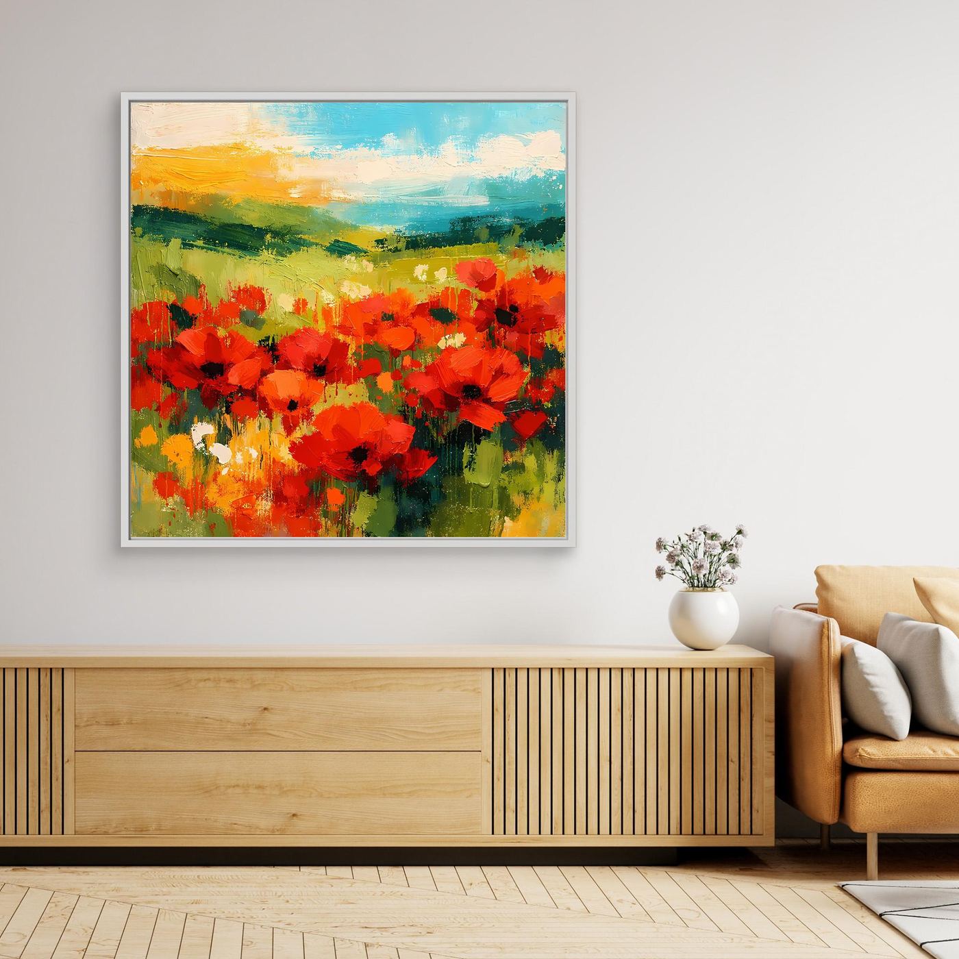 Abstract poppy field wall art with red flowers and green hills, light frame