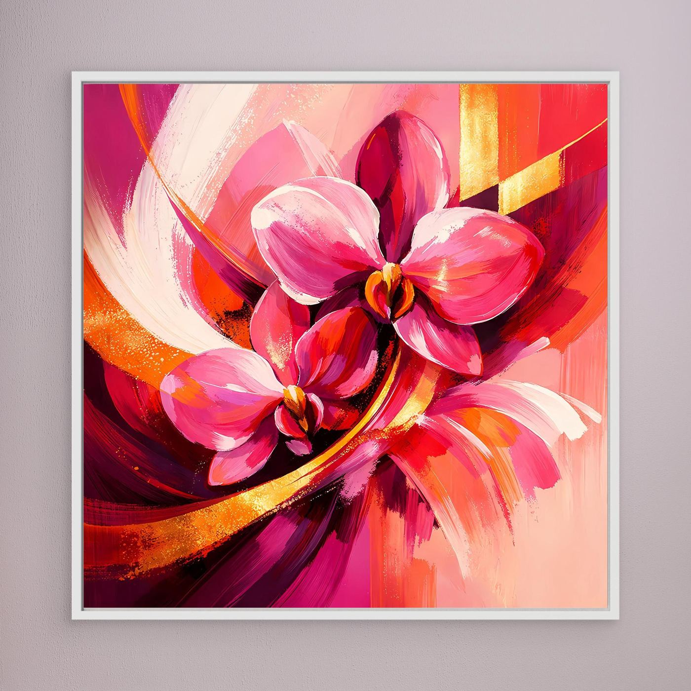 Gerahmtes Leinwandbild mit abstrakten Orchideen in Pink, Rot und Gold (weißer Rahmen)