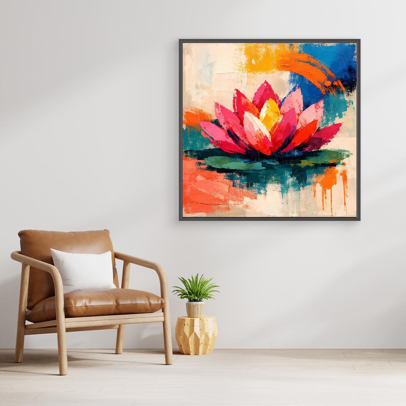 Abstract lotus canvas wall art in a black frame, pink and yellow lotus with blue and orange streaks