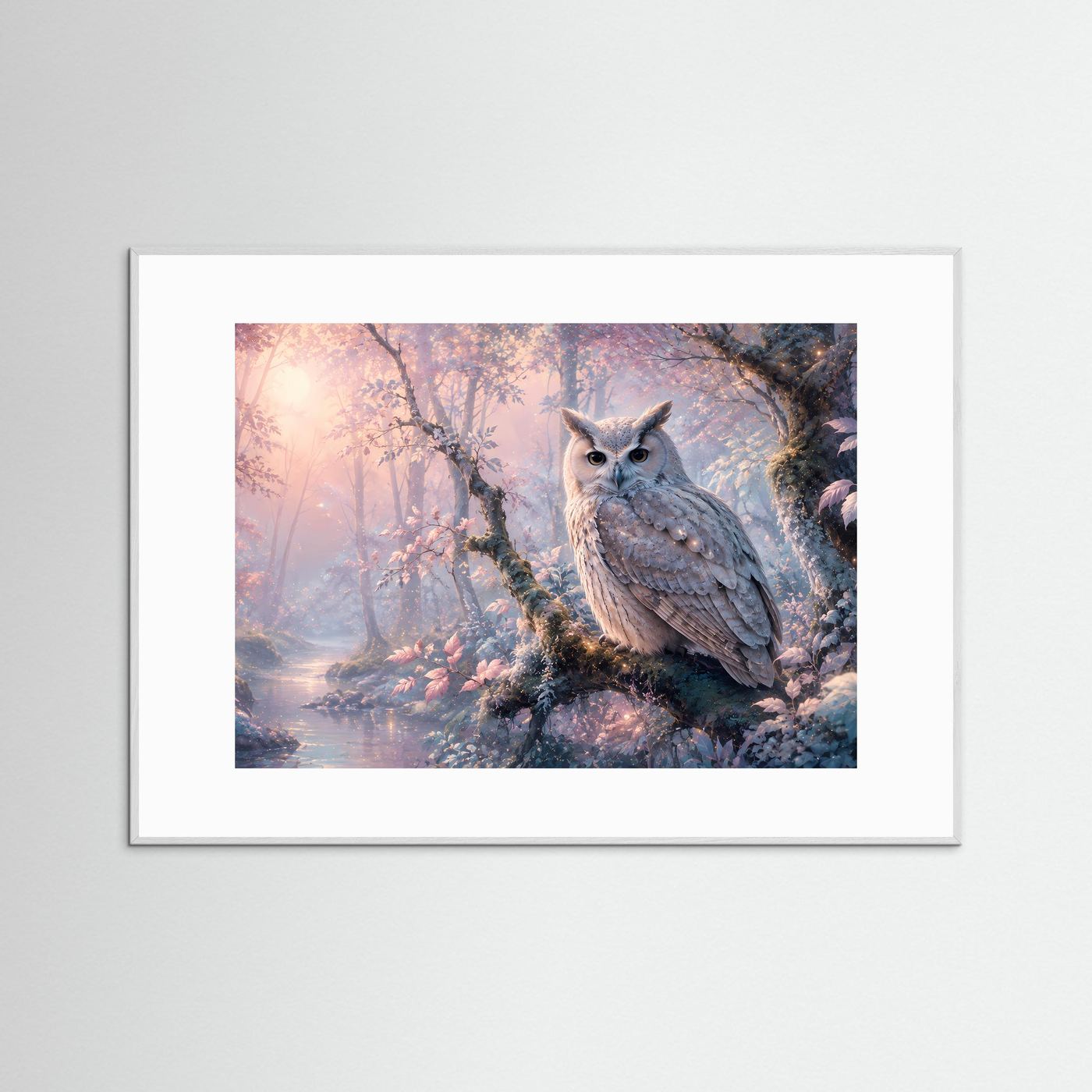 Wandposter mit Eule im Wald, Pastellfarben, grauer Rahmen