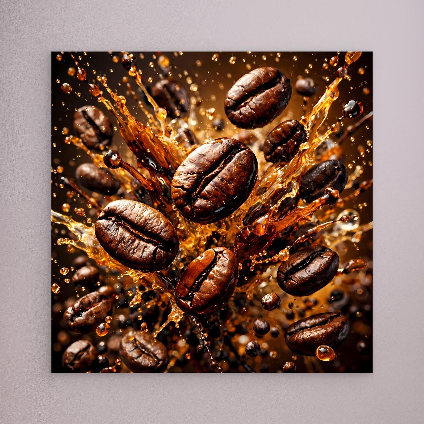 Leinwandbild mit Kaffeebohnen-Splash, braune geröstete Bohnen im Spritz-Design, ohne sichtbaren Rahmen