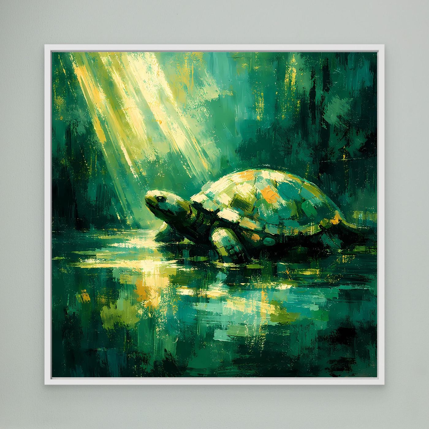 Leinwand Mystische Schildkröte im Lichtstrahl | Abstraktes Natur Wandbild Grün