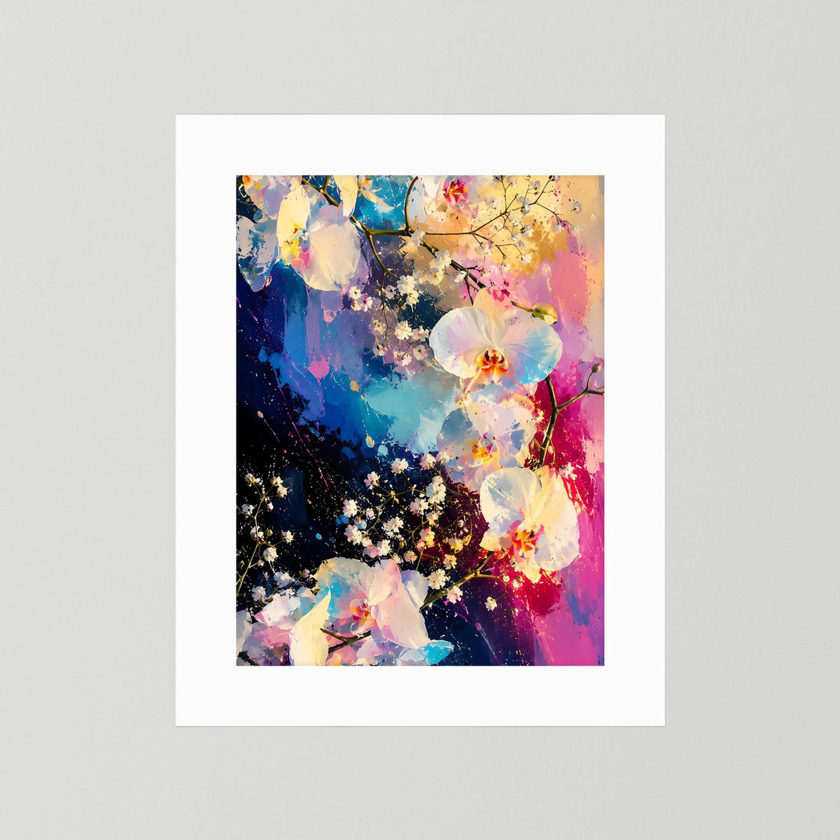 Poster Hochformat mit abstrakten Orchideen, ohne Rahmen, mit weißem Rand