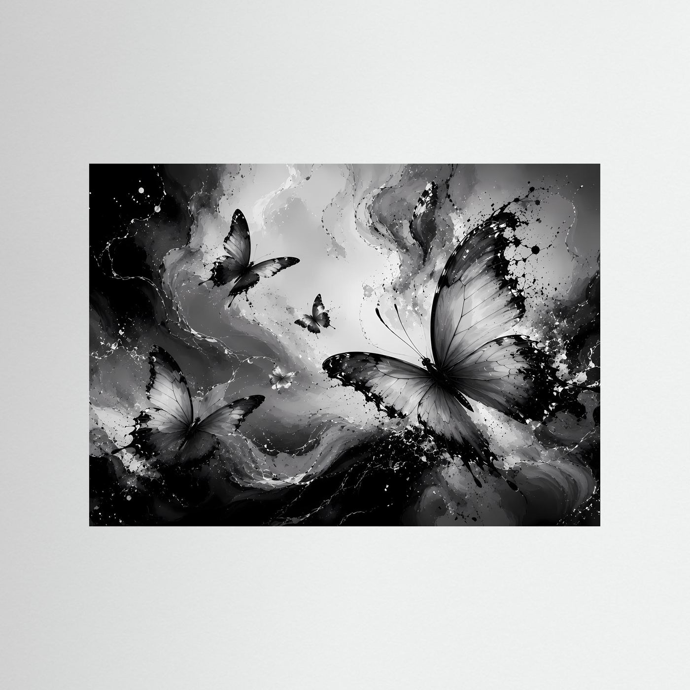 Schmetterlinge Schwarz Weiß Poster Querformat | Abstrakte Butterfly Wandkunst Modern | Monochrome Leinwandkunst