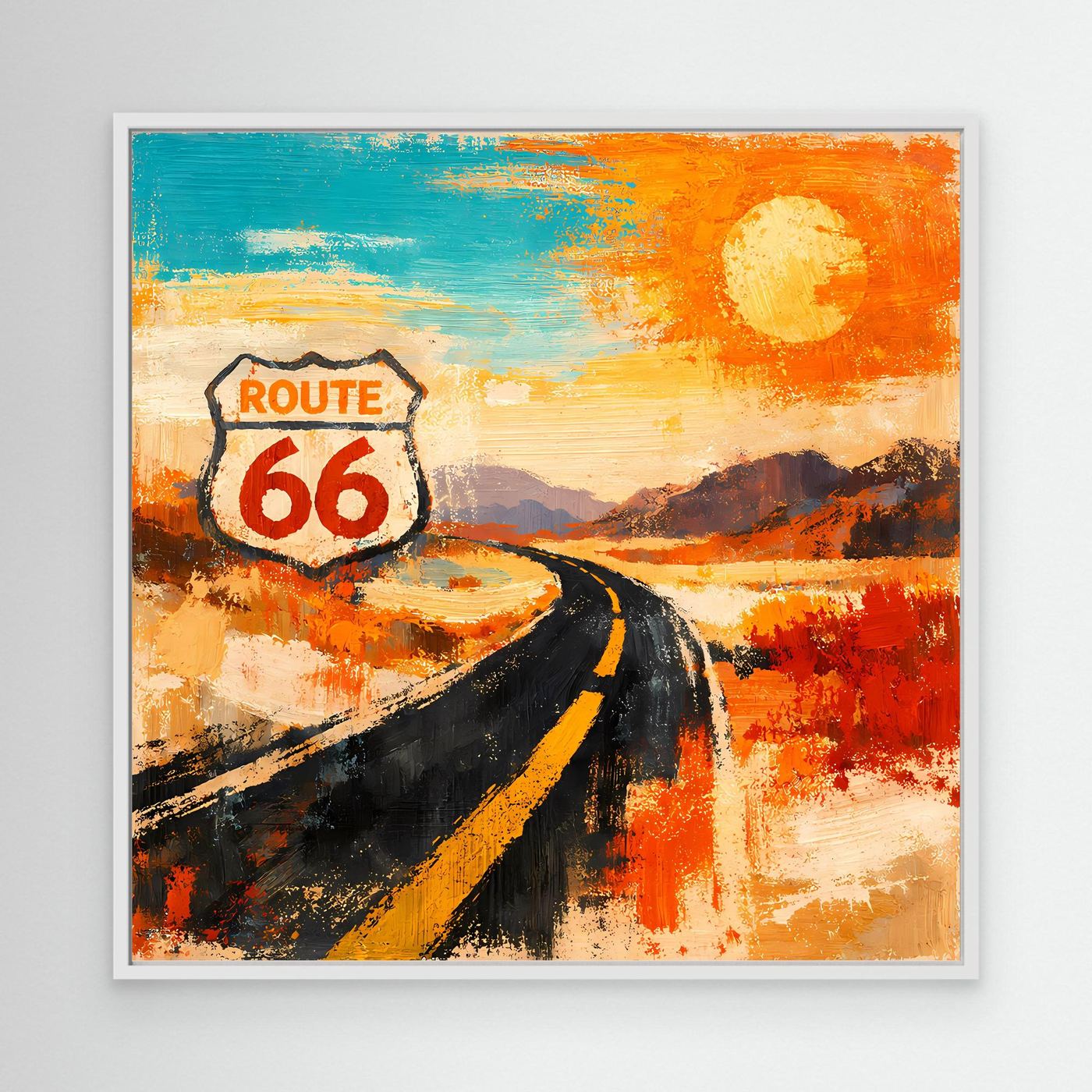 Wandbild mit abstrakter Route-66-Szene im weißen Rahmen: Schild „Route 66“, Straße, Sonne