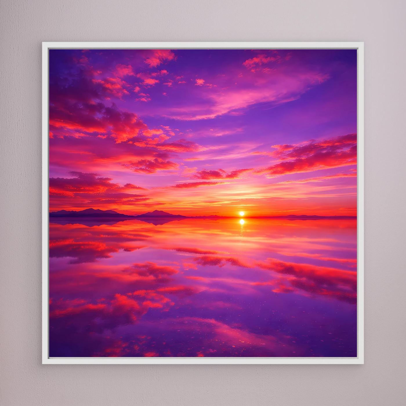 Leinwandbild Sonnenuntergang mit intensiven Rot- und Violettwolken, Sonne am Horizont, weiß gerahmt