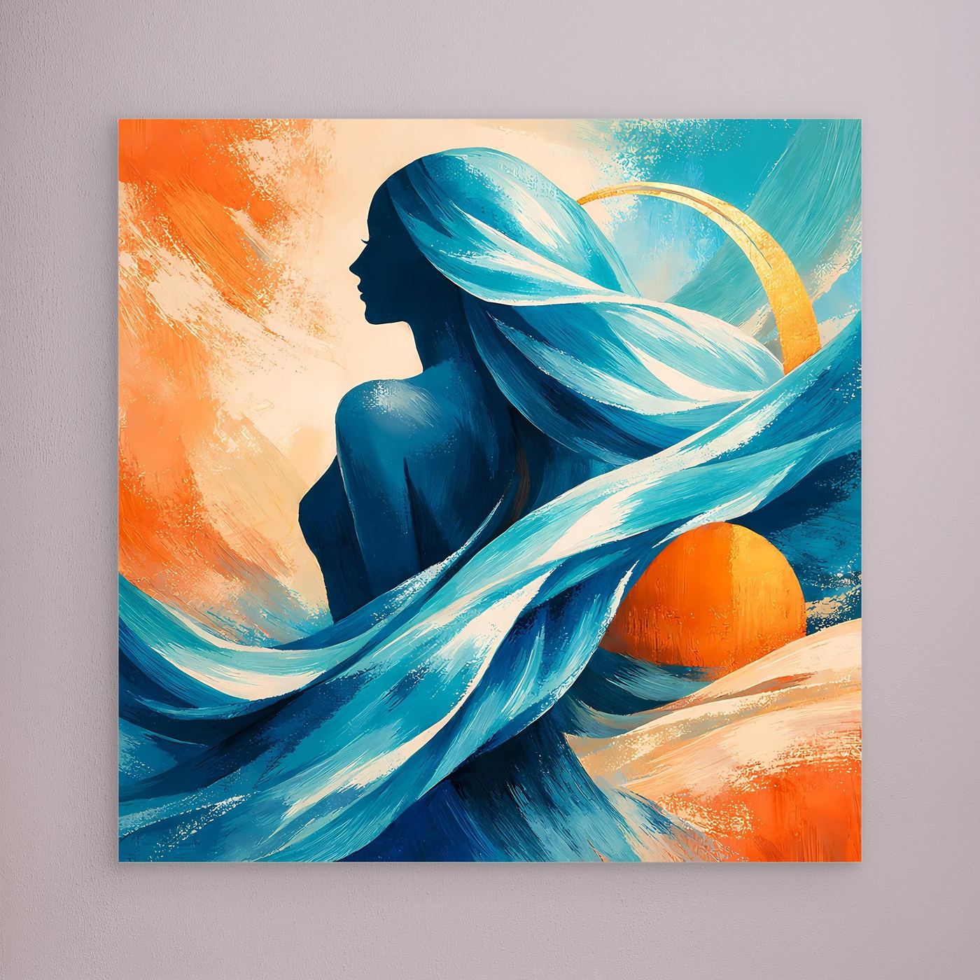 Leinwandbild mit blauem Frauenprofil und türkisweißen Pinselsträhnen, orange Farbfeldern