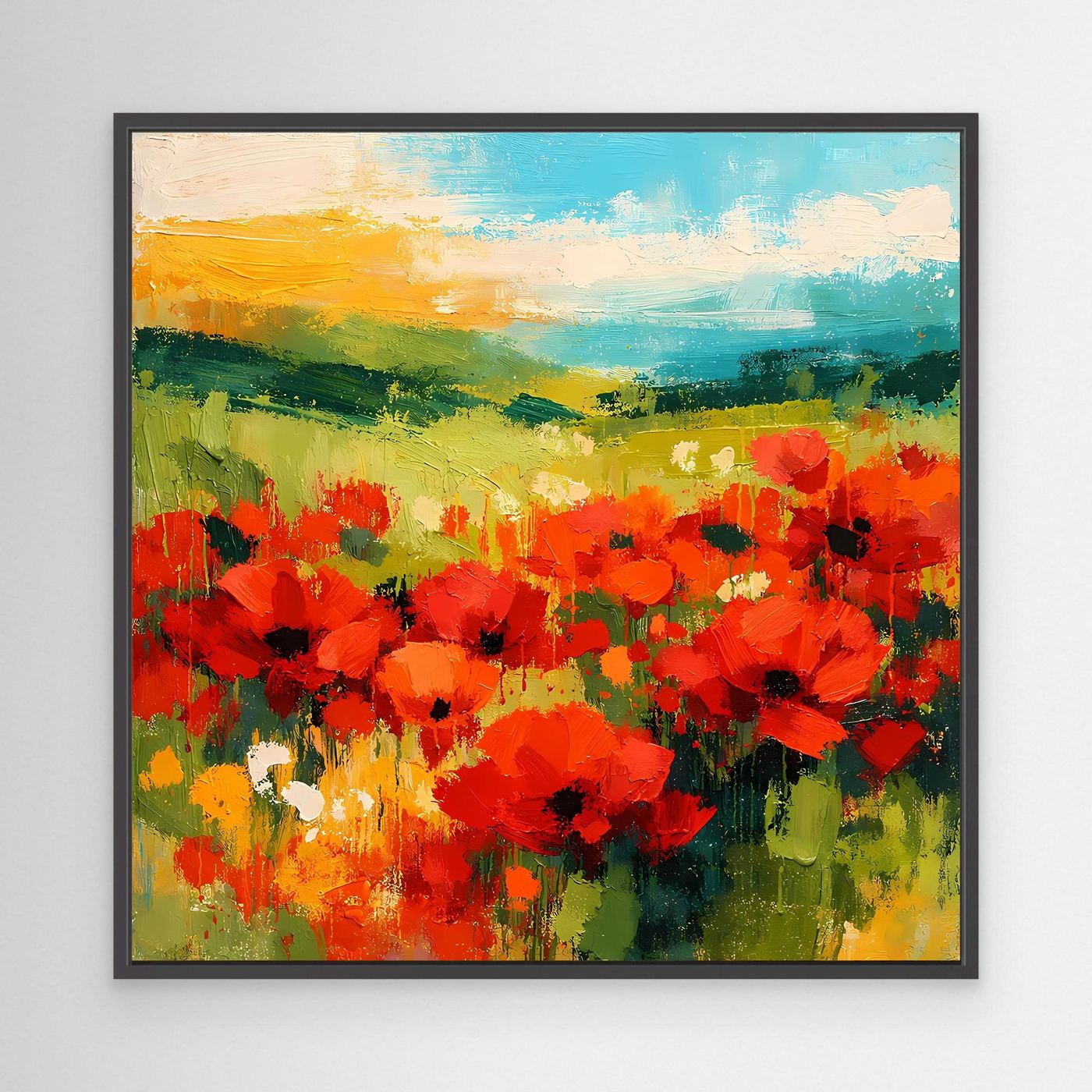 Abstract canvas wall art of a bright red poppy field with green and blue horizon, black frame