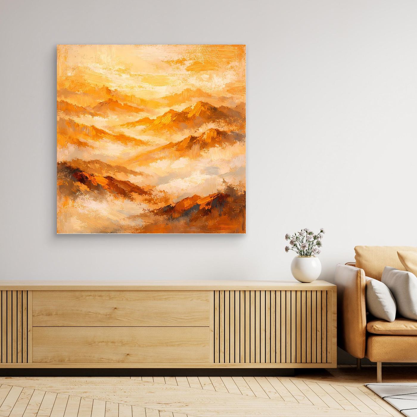 Leinwand-Wandbild mit abstrakten Bergen in warmen Orange- und Brauntönen, quadratisch