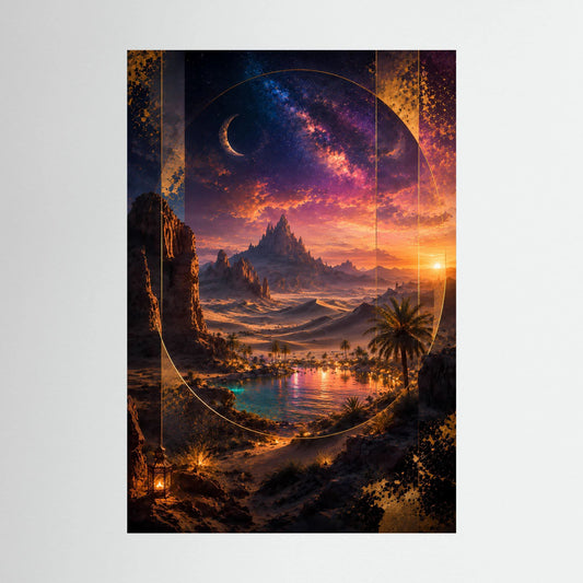 Hochformat-Poster mit mystischer Wüstenoase, Sternenhimmel, Mondsichel und Sonnenuntergang.