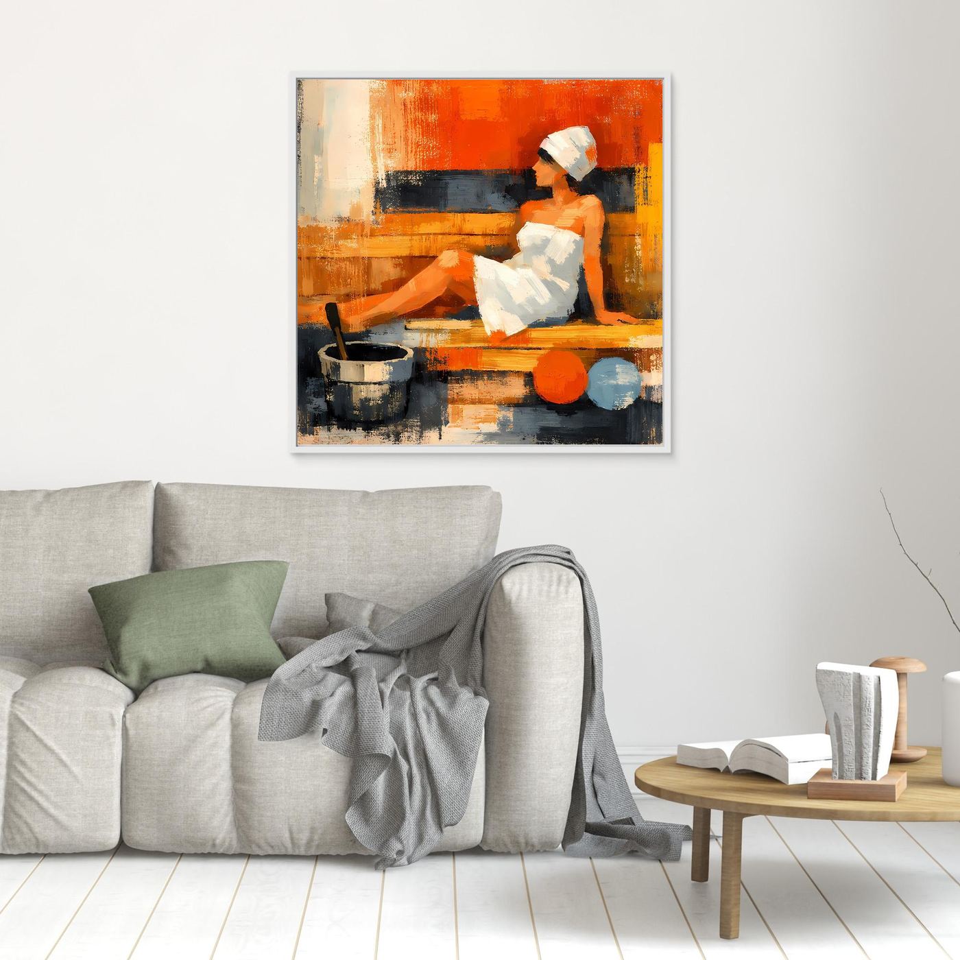 Small framed canvas wall art: abstract sauna woman relaxing, white wrap, orange-red and dark paint