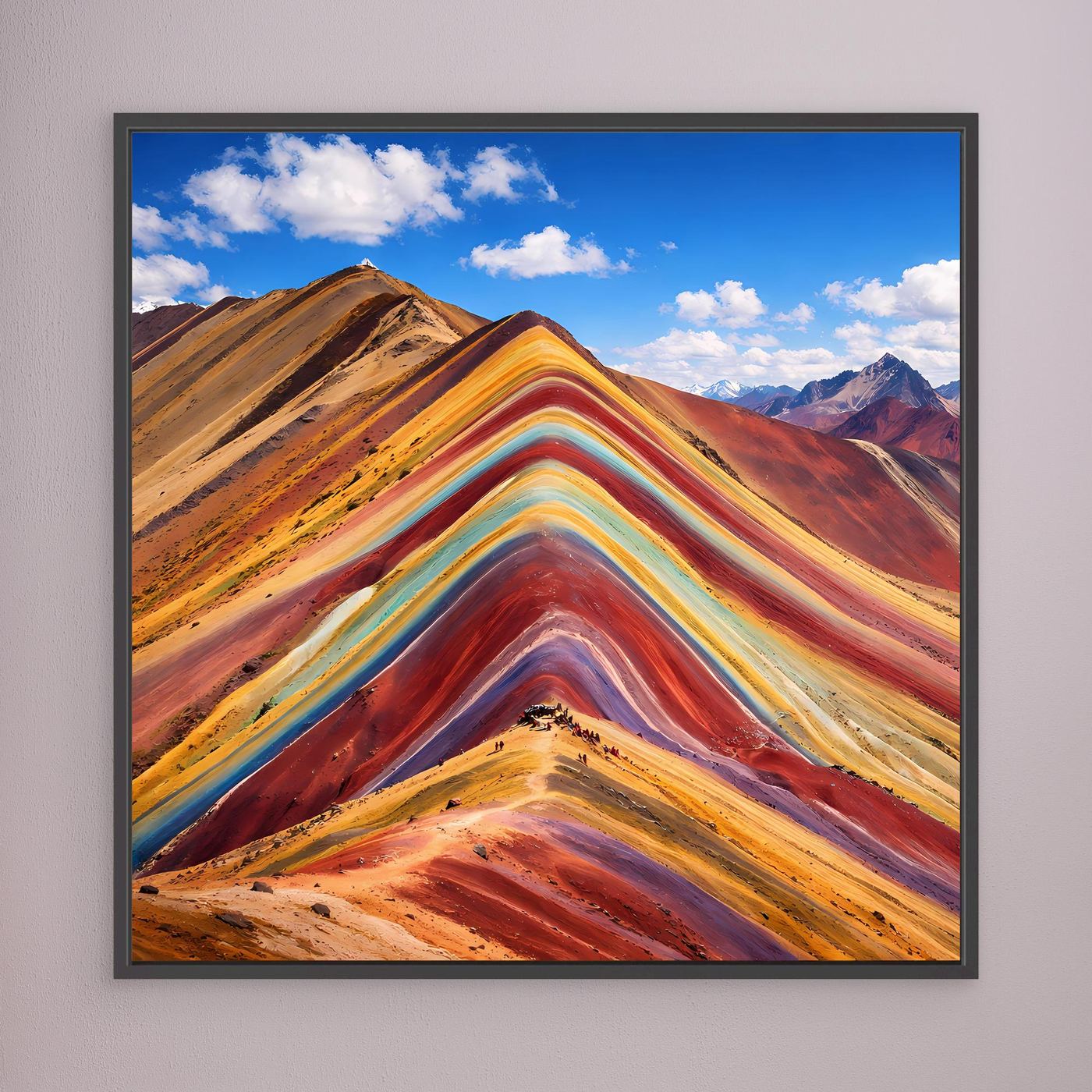Leinwandbild mit schwarzem Rahmen, abstrakte Gebirgslandschaft mit Regenbogen-Schichten