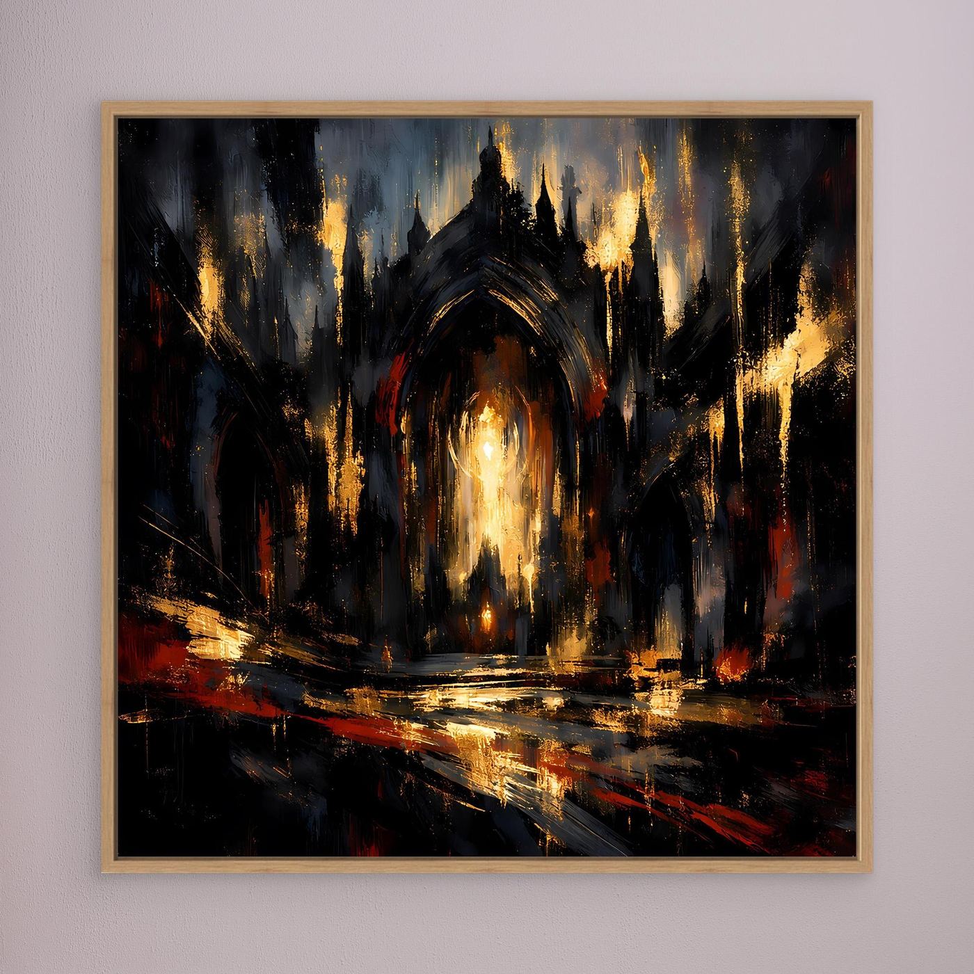 Leinwandbild mit abstrakter gotischer Kathedrale, dunkle Farbflächen, goldene Lichtspitzen im Holzrahmen