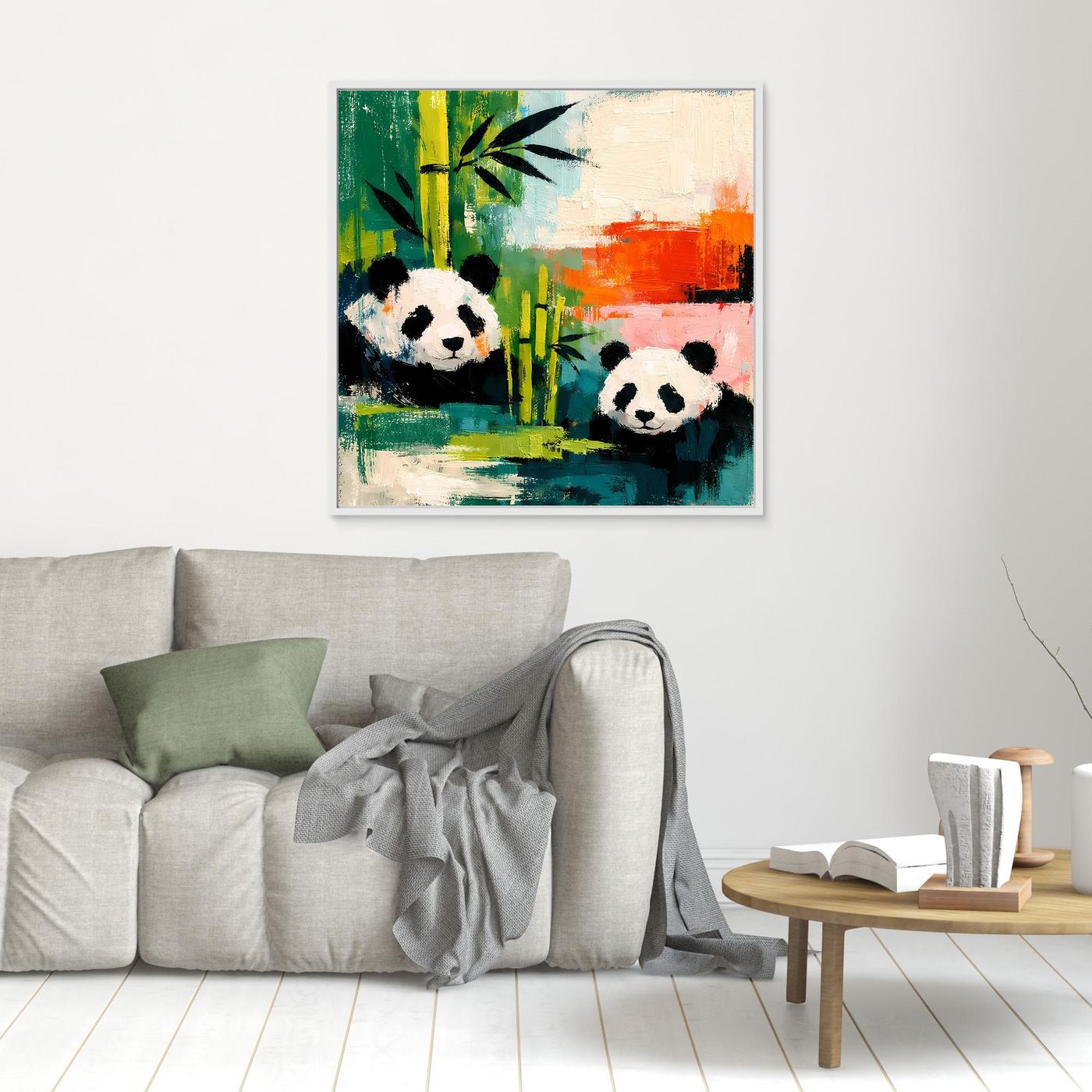 Panda and bamboo abstract canvas wall art in a small silver frame