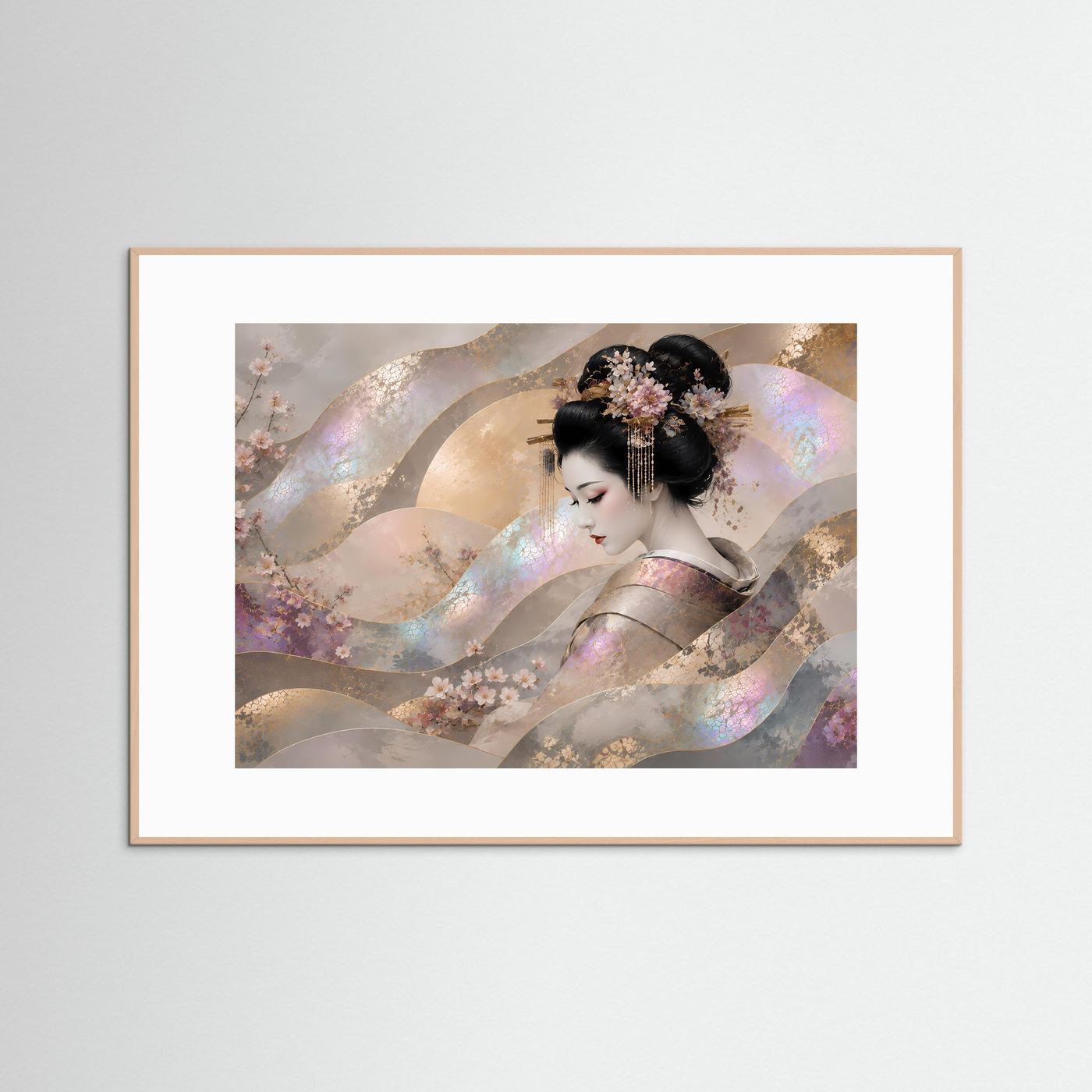 Japanische Wandkunst mit Geisha und Kirschblüten, beige Holzrahmen, weißes Passepartout