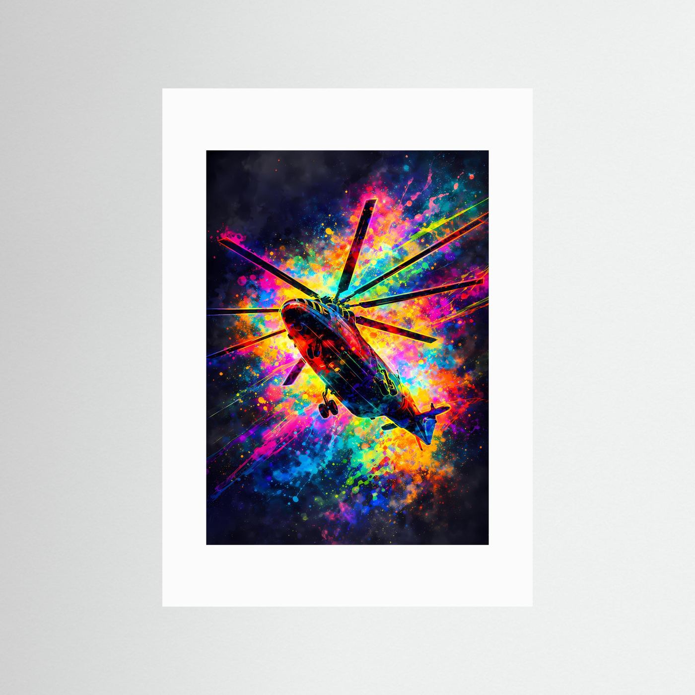 Dynamik des Himmels | Modernes Hubschrauber-Poster mit Neon-Farbspritzern | Abstraktes Kunstposter Hochformat