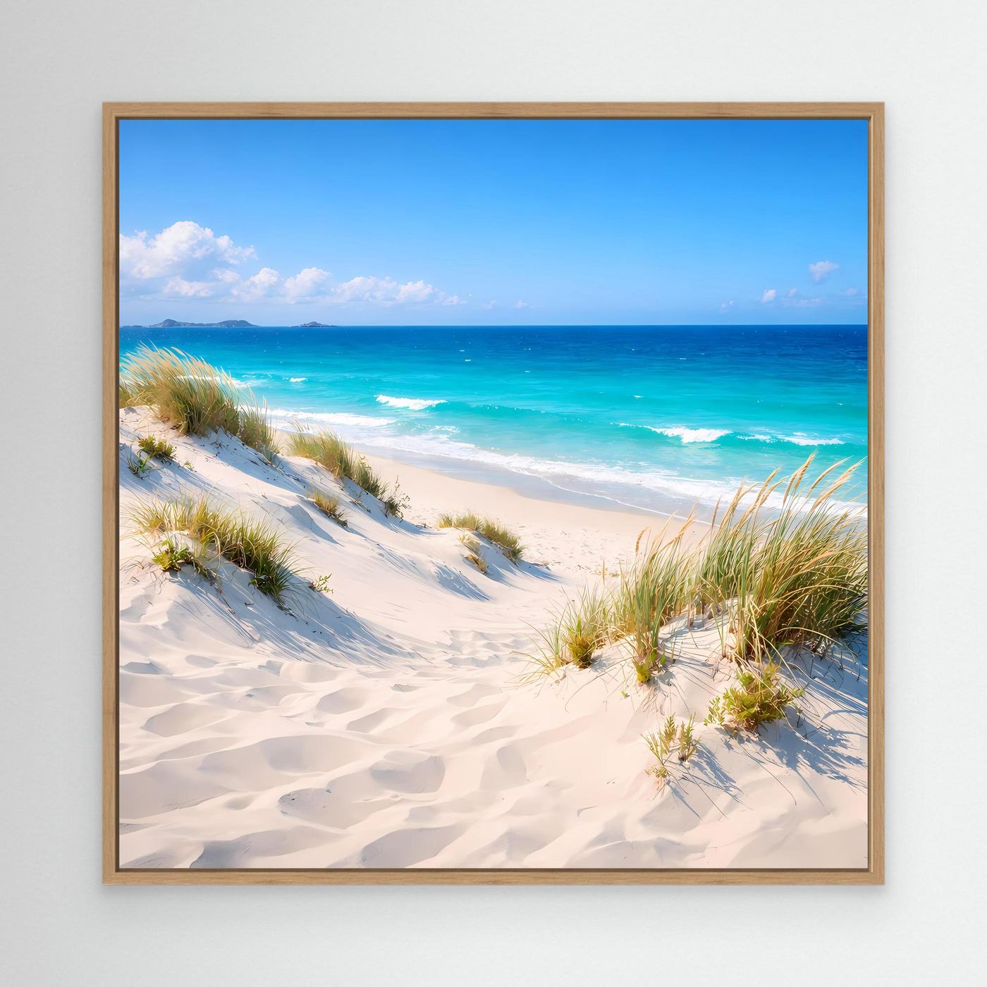 Leinwandbild mit Dünenlandschaft am Strand, türkises Meer und hellem Sand, Eichenrahmen