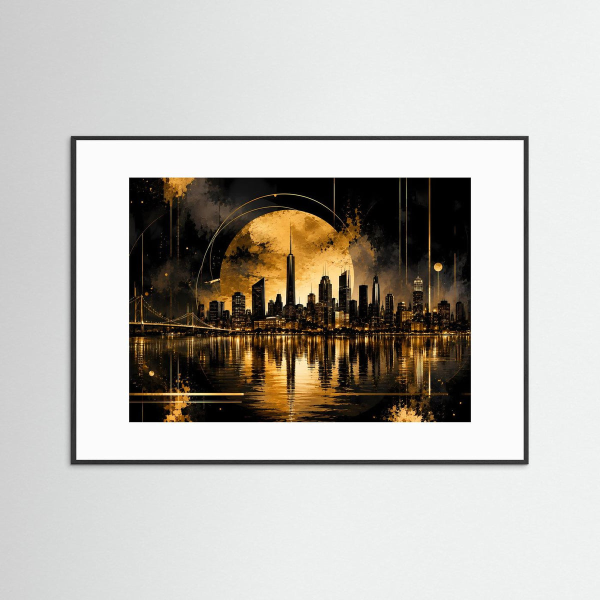Poster Querformat mit goldener Skyline bei Nacht, schwarzem Rahmen und weißem Passepartout