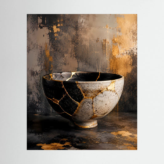 Poster Hochformat mit Kintsugi-Schale in Schwarz, Weiß und Gold