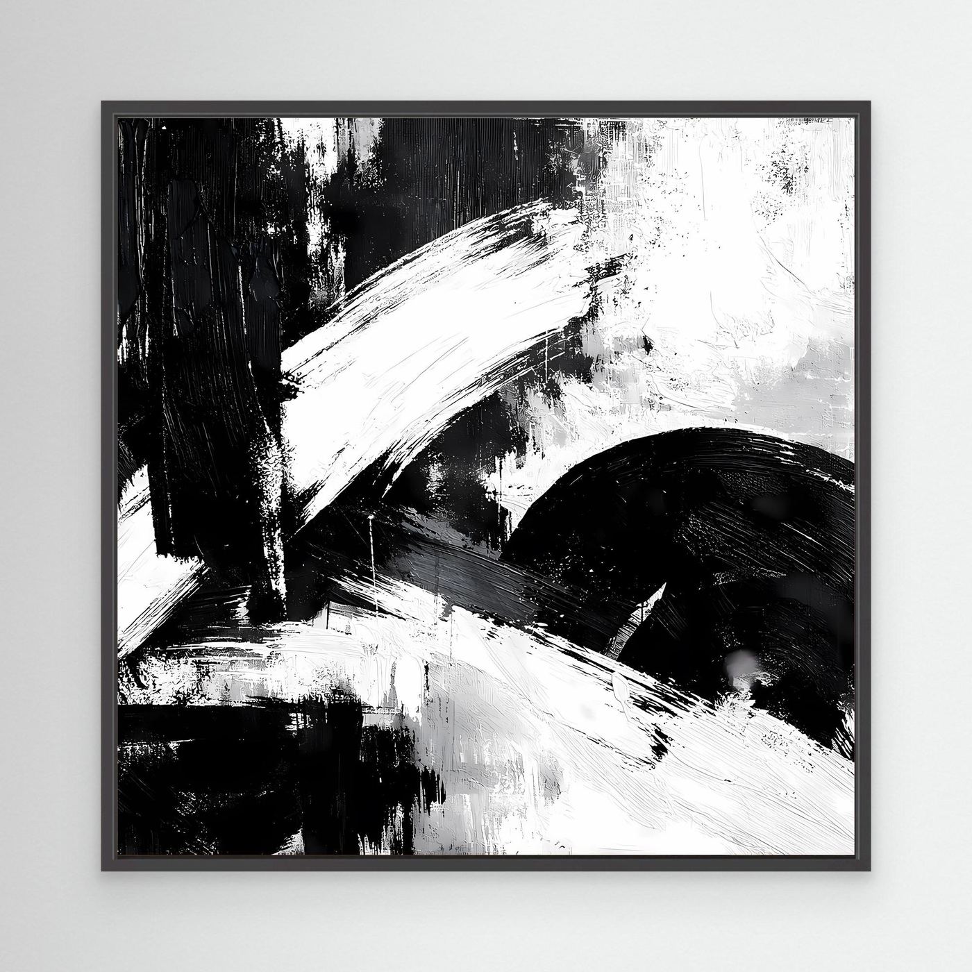 Leinwand-Wandbild mit abstrakten Schwarz-Weiß Pinselstrichen, schwarzer Rahmen