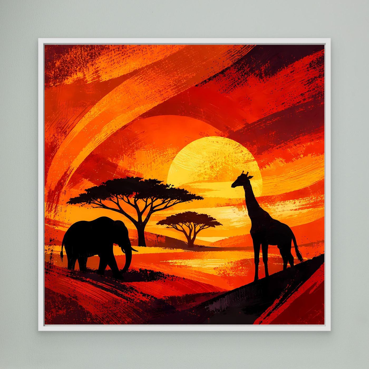 Gerahmtes Leinwandbild im weißen Rahmen: Elefant- und Giraffensilhouetten, orange Sonnenuntergang