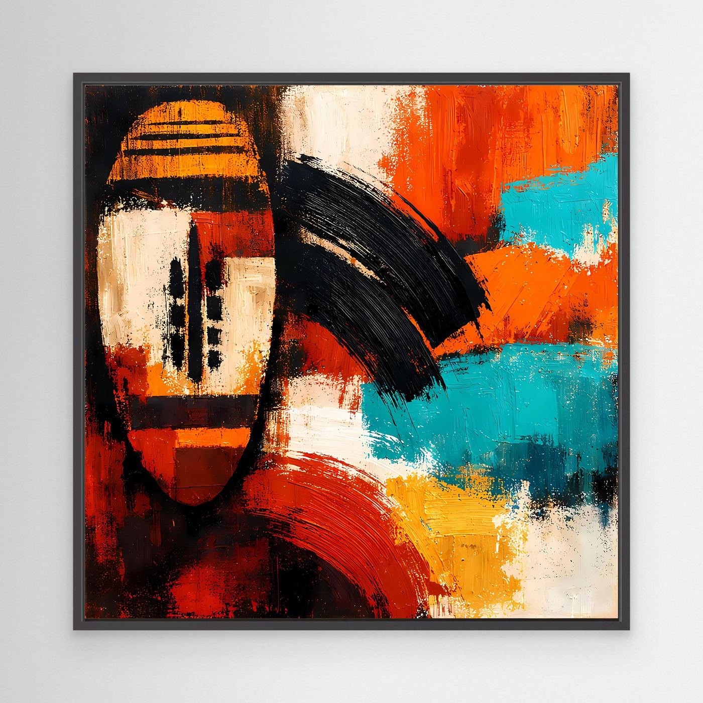 Abstract canvas wall art of an African mask with red, orange, teal and white tones in black frame