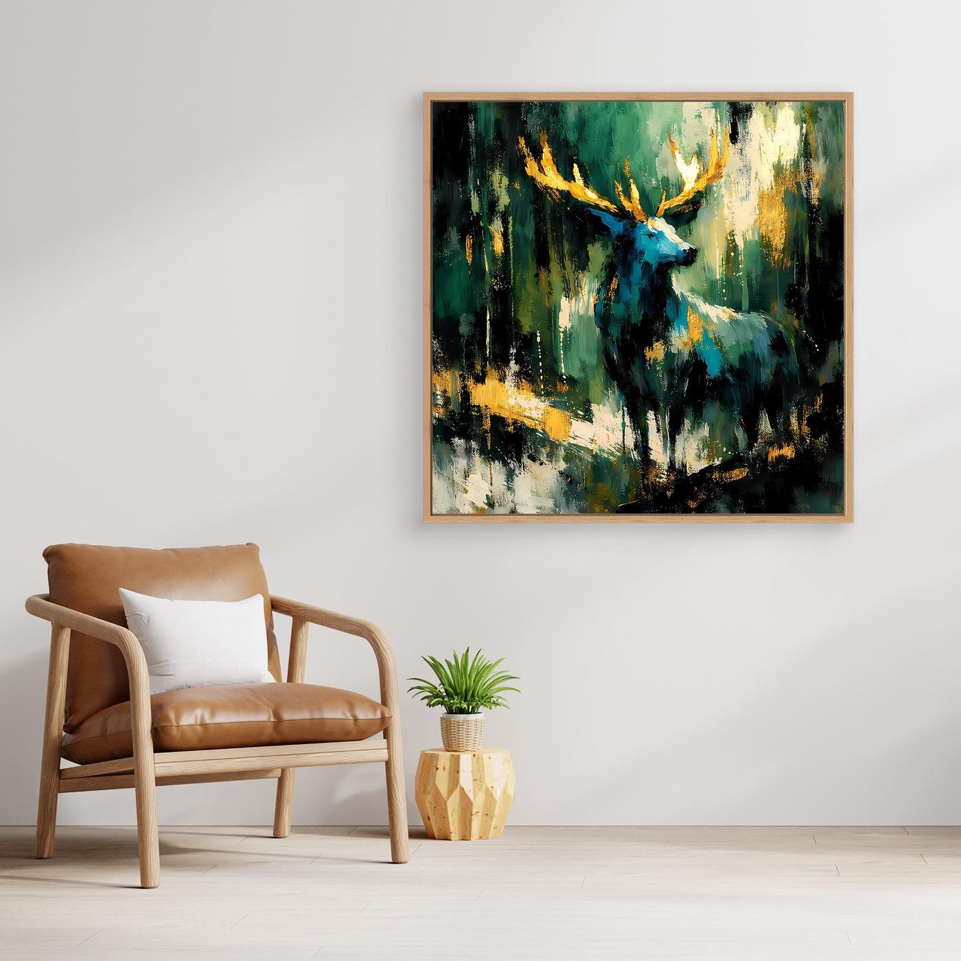 Leinwandbild mit abstraktem Hirsch in Grün, Blau und Gold, Eichenrahmen