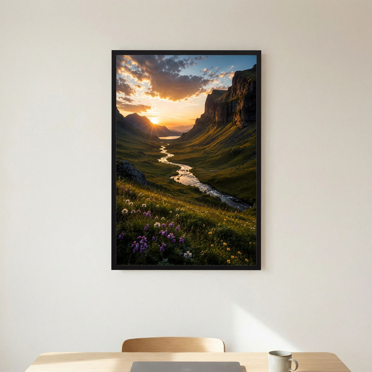 Hochformat-Poster mit schwarzem Rahmen, Fluss in einem Tal zwischen Felsen bei Sonnenuntergang