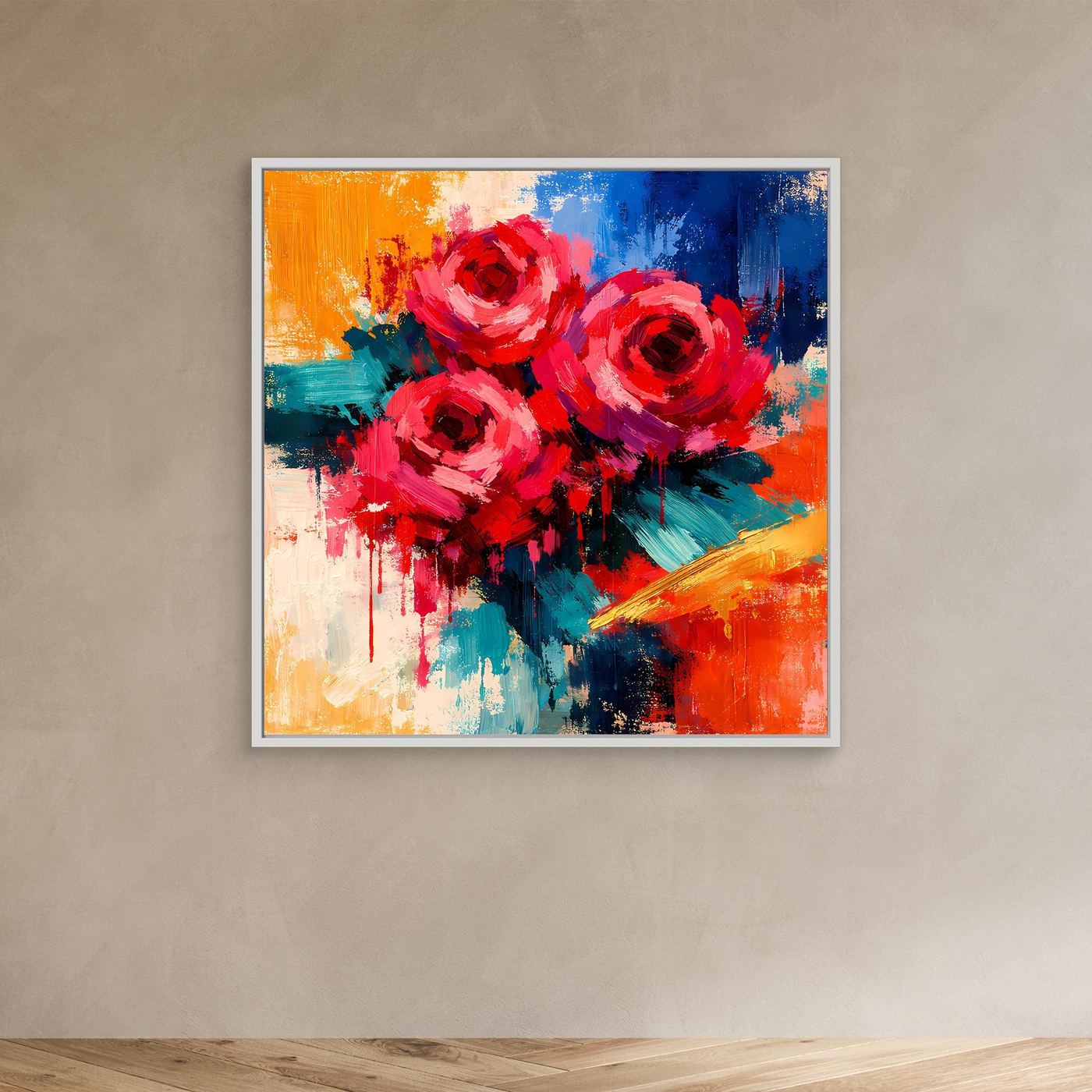 Abstraktes Leinwand-Wandbild mit roten Rosen, Pinselstriche, quadratisch, weißer Rahmen