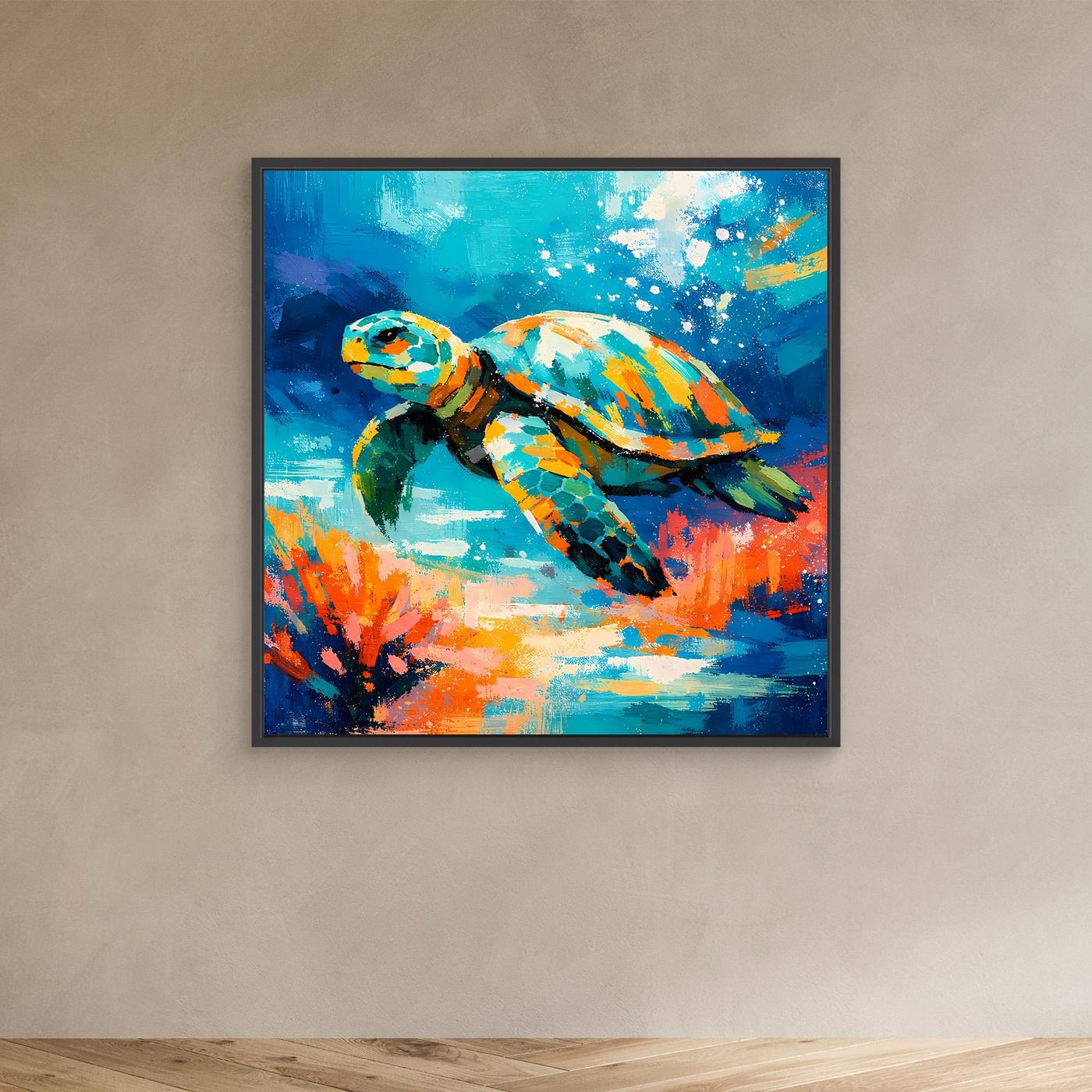 Leinwand-Wandbild mit Meeresschildkröte in bunten Farben, schwarzer Rahmen