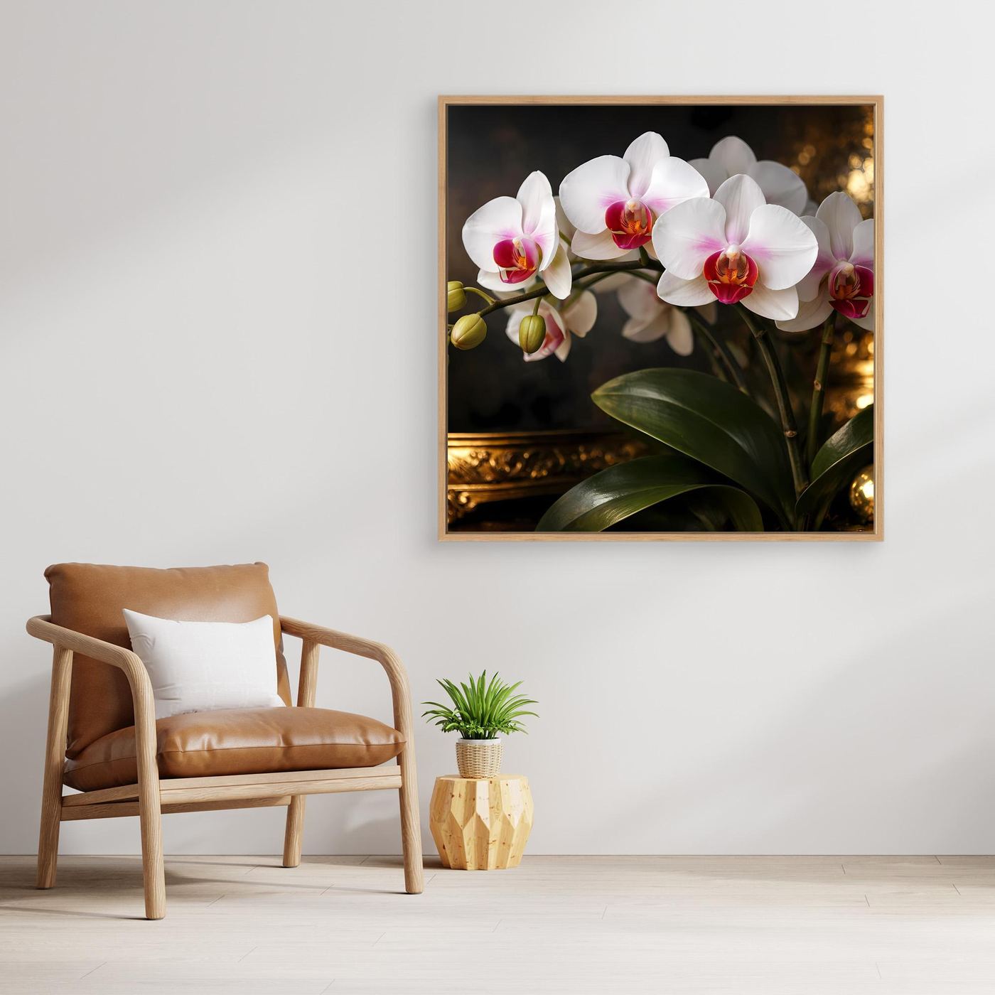 Orchideenblüten-Leinwandbild mit weißen Blüten und rosa Details, grüne Blätter im goldenen Rahmen