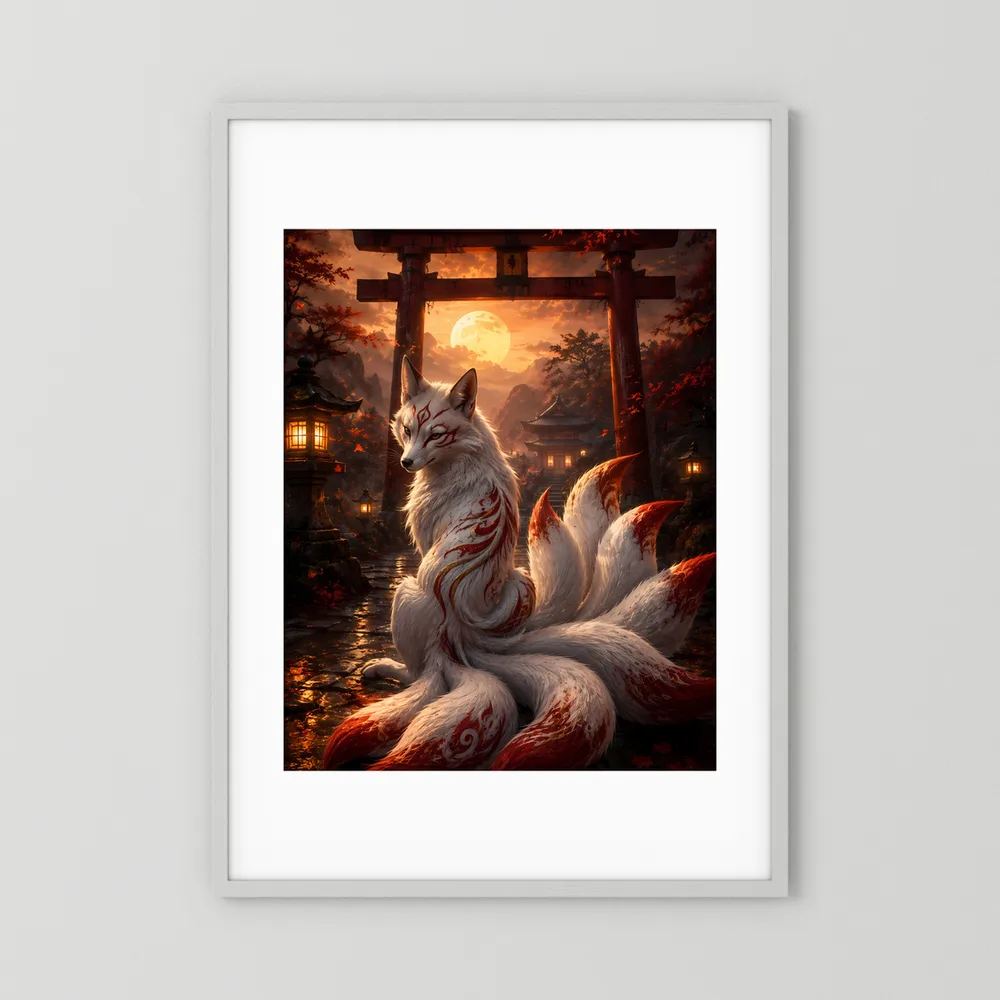 Poster im weißen Rahmen mit weißem Rand: Kitsune-Fuchs mit neun Schweifen