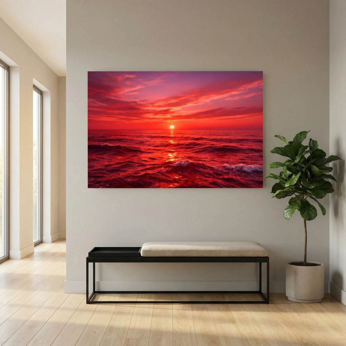 Querformat-Wandbild mit Sonnenuntergang über dem Meer, rot-orangefarbenes Himmelfeld