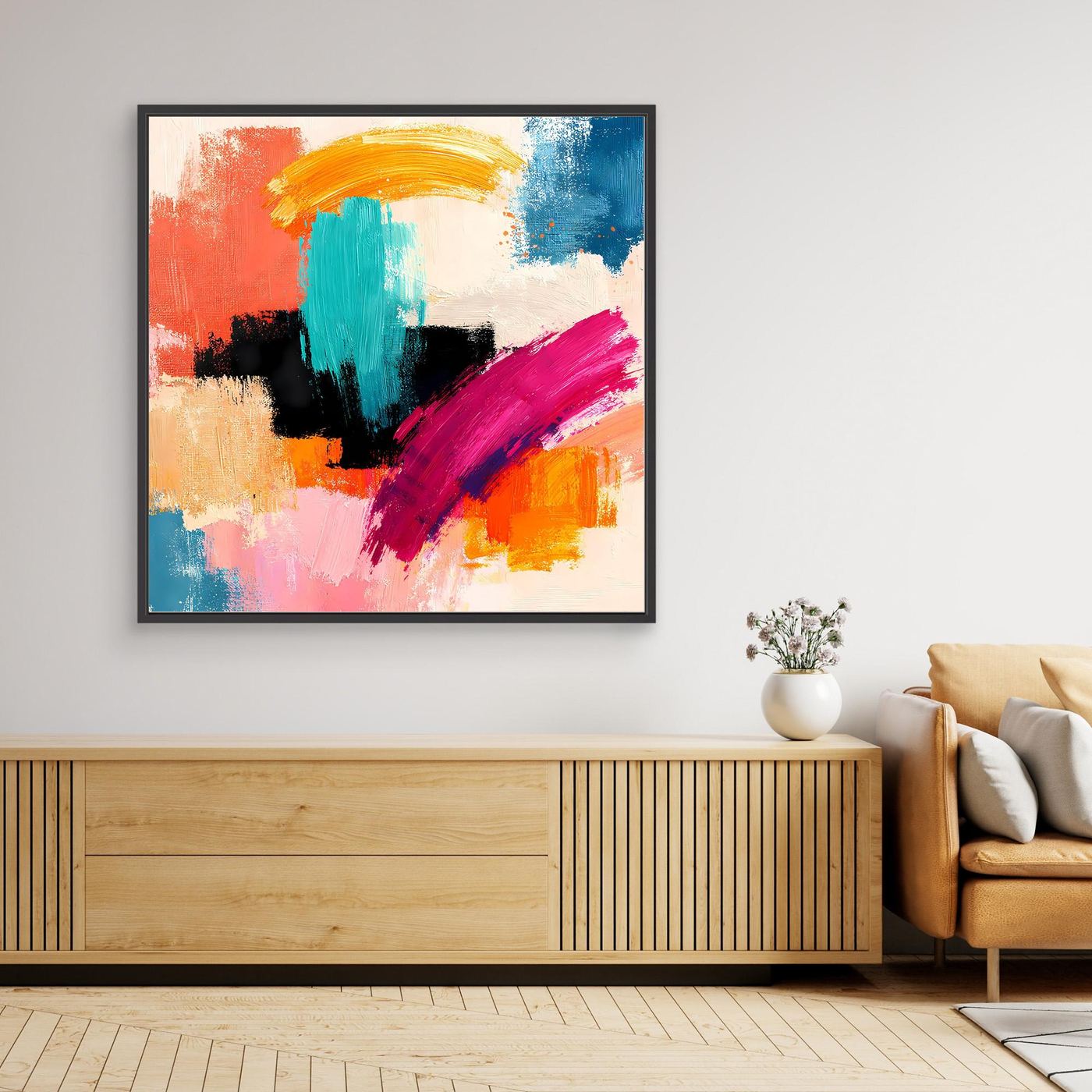 Gerahmtes Leinwand-Wandbild mit abstrakten Pinselstrichen in Orange, Blau und Pink